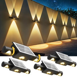 APILAB Solar Fence Lights, 4 Pack Adjustable Up & Down Solar Lights Outdoor, Warm White Neutral IP65 Waterproof Wall Light, Dusk to Dawn Powered Fence Light for Outside Wall Sconce Backyard Deck Patio