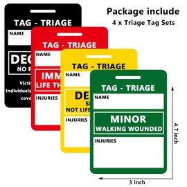 Juego de 4 tarjetas Triage Tag para primeros auxilios y respuesta de emergencia, color negro fallecido, rojo, inmediato, amarillo: retrasado, verde, menor), 4.7 pulgadas de largo x 3 pulgadas de ancho