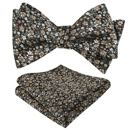 Alizeal Mens 2pcs Floral Pattern Self-tied Bow Tie with Pocket Square Colorful Tie Set, Brown+White+Gray