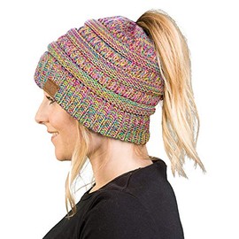 Funky Junque Gorro de cola de caballo con moño desordenado para mujer, Mezcla de 4 tonos - amarillo, rosa encendido, turquesa, rosa, Talla única