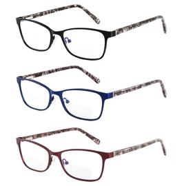 LKEYE Bifocal Reading Glasses Women Blue Light Blocking With Clear Top Computer Progressive Reader Wide Metal Full Frame Designer Ladies Cheater Ultralight Stylish Spring Hinge LK6026 3pack +3.00