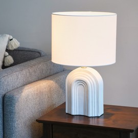 Creative Co-Op Carved Arch Stoneware Table Lamp with Linen Drum Shade, White