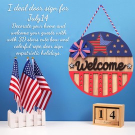 EpcrenAra 3D 4th of July Welcome Sign Wreath for Front Door Memorial Day Home Porch Décor Wooden Hanging Patriotic Stars Sign Independence Day Door Hanger 12" Wall Decor