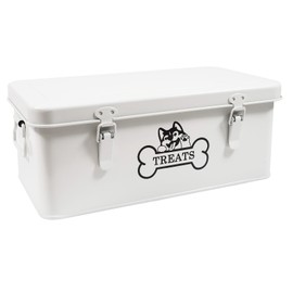 Brabtod Metal Dog Treat Container,Dog Treats Storage Box with Lid,White Pet Food Bin with Dividers,Rectangular Dog Cat Treats Organizer,Ideal for Sort,Great Gift for Pet Owners