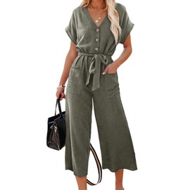 Acelitt Womens Fashion 2024 Casual Summer V Neck Short Sleeve Button High Waist Belted Wide Leg Jumpsuits Green XL