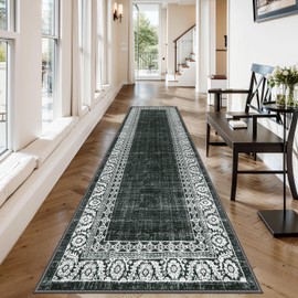 Lahome Black Washable Hallway Runner Rug 2'6" x 10', Extra Long Kitchen Runner Rug Non Slip, Vintage Bordered Ultra-Thin Low Plie Indoor Throw Carpet Runner for Stairway Entryway Bathroom