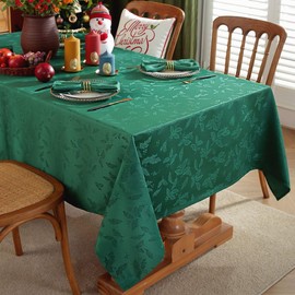 Honellaty Christmas Green Tablecloth, Square Jacquard Fabric Table Cloth, Winter Holly Berry Leaf Pattern Washable Table Cover for Family Gathering Dinner Decor 52×52 Inches Green