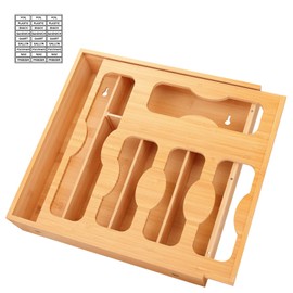 Comfoyar 5 In 1 Bamboo Storage Bag Organizer with Slider for Kitchen, Baggie Storage Organizer for Drawer or Wall Mount, Compatible with Gallon, Quart Sandwich Snack Size Bags, Variety Plastic Baggies