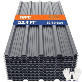 Metal Roofing Panels 10pcs 52.4 ft², Grey Corrugated Galvanized Steel Roof Panels with Screw, Heavy Duty Metal Siding Suitable for Garages Chicken Coop Sheds Stables Patio
