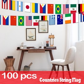 Bandera de cuerda de 100 países de calidad premium de 95 pies, vibrantes banderas internacionales perfectas para decoraciones de fiestas, bares, clubes deportivos, festivales escolares, celebraciones