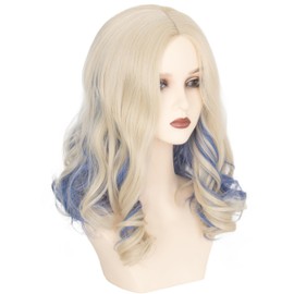 Yan Dream Women Medium Long Wavy Blonde Blue Gradient Cosplay Wig Middle Part Costume Party Wigs