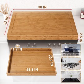 Bamboo Stove Cover for Gas & Electric Burners, 30"x22"x2.5" Noodle Board with Handles, Cutting Board with Juice Groove, Serving Tray (Natural Bamboo)
