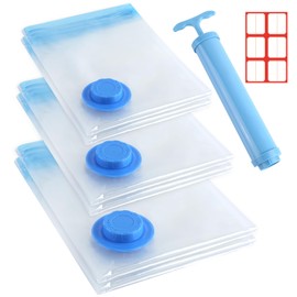 Pack of 6 Vacuum Bags for Clothes, Duvets, 3 Sizes, Vacuum Bags for Clothing, Vacuum Bags for Clothing with Hand Pump, Label Stickers, Reusable Compression Bags, Travel for Pillows