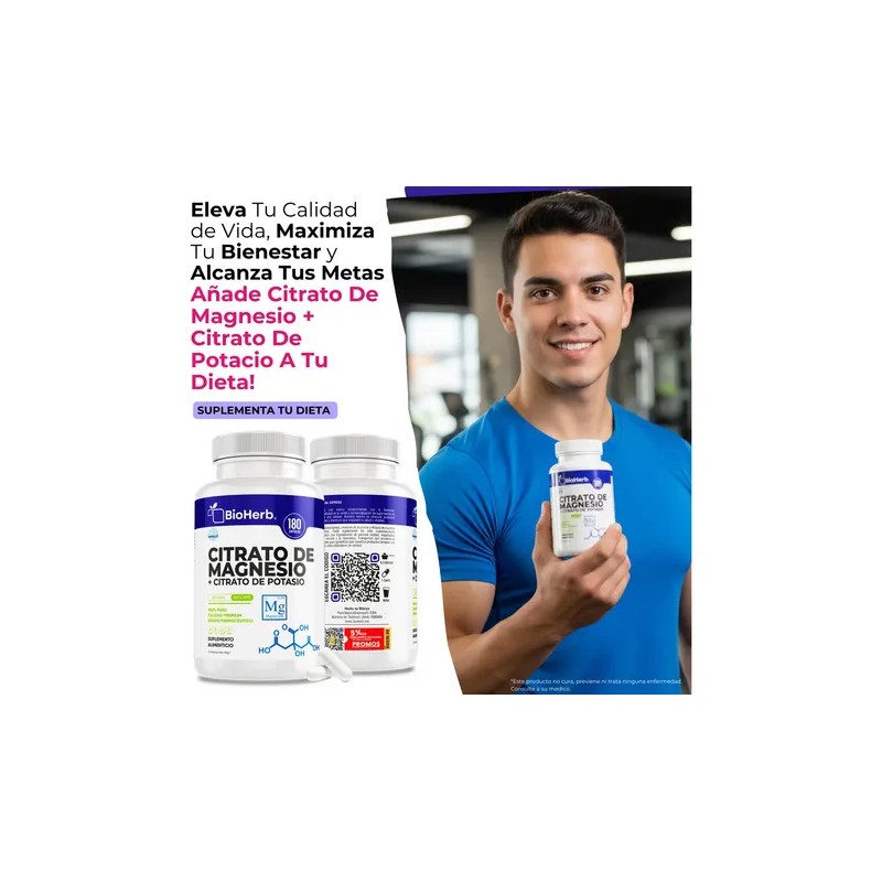 Bioherb Citrato Magnesio Potasio Extremadamente Eficaz 180 Cápsulas Meses Apoyo