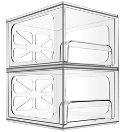 Clear Stackable Storage Drawers - 2-PACK - Acrylic Plastic Organizer Drawer for Bathroom Vanity Cabinet, Kitchen Countertop, Small Office Organization. Easily Organize All Cosmetic Makeup Supplies.