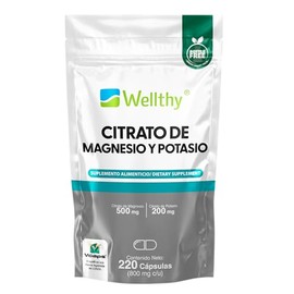 Wellthy Citrato de Magnesio y Potasio 220 Cápsulas. Tomar Sólo una Cápsula al día, Excelente fuente de Potasio y Magnesio, Cápsula Vegana, Bottle...  