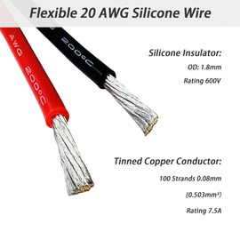 DONOKY 20 Gauge 20 AWG Silicone Wire Spools - 50ft Each 6 Different Colored, Ultra Flexible 20AWG Stranded Tinned Copper Wire Kit, 20 Gauge Electrical Hook Up Wire 600V 392℉