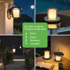 VerLuce Solar Powered Outdoor Lights – Hanging Waterproof Patio Decor with Dimmable Candlelight Glow – Rechargeable Battery for Table or Garden Use – Black, 2PK