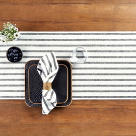 Solino Home Table Runner 120 Inches Long - Madison Stripe, 100% Pure Linen Black and White Table Runner 14 x 120 Inch for Dining, Spring, Mothers Day, Father's Day, Summer