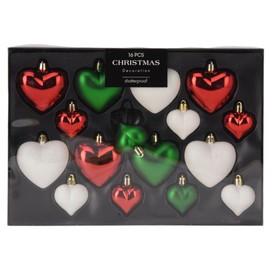 MIJOMA 16-Piece Shatterproof Christmas Tree Baubles Set, 2 Sizes 65mm & 45mm, Christmas Pendants - Heart Shape or Star Shape, Christmas Tree Decorations Matt, Shiny, Glitter (Red/Green/White, Heart)