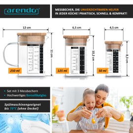 Arendo - Glasbehälter Set aus Borosilikatglas - Größen 250ml, 125ml, 50ml (0,25l 0,125l 0,05l), Messbecher Glas Krug - hitzebeständig - Glasbehälter mit Bambusdeckel - Silikondichtung