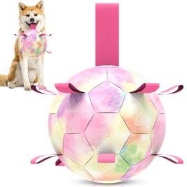 QDAN Dog Toys Soccer Ball with Straps,Gradient Interactive Dog Toys for Tug of War, Puppy Birthday Gifts,Dog Water Toy, Durable Dog Balls World Cup for Small & Medium Dogs-Rainbow（8 Inch）