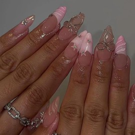 24pcs Pink French Tip Press On Nails With Rhinestones 3D Bow Medium Almond Fake Nails Star Design False Nails Full Coverage Acrylic Artificial Fingernails Women DIY Spring Summer Pink Manicure