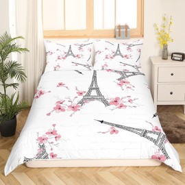 Homemissing Double Eiffel Tower Duvet Cover Set Paris Decoration Comforter Cover Set Flower Printing Bedding Set Pink Plant Decoration Comforter Cover Set Girls Adult