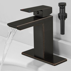 RUMOSE Oil Rubbed Bronze Bathroom Faucets Set with Pop Up Drain Single Handle Bathroom Sink Faucet 1 & 3 Hole Waterfall Spout Vanity Faucet Kit with Deck Plate Lavatory Basin Faucet, Stainless Steel