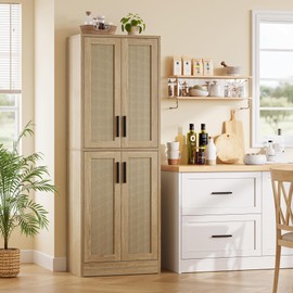 Homzbesy Pantry - Kitchen Pantry Cabinet, Rattan Cabinet with 4 Doors and Adjustable Shelves, Tall Natural Cabinet Freestanding Storage Cupboard for Dining Room Living Room, Laundry, Bathroom