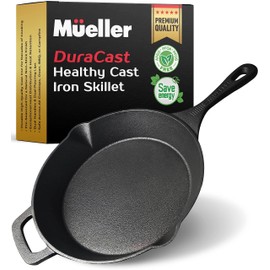 Mueller Pre-Seasoned Heavy-Duty Healthy Cast Iron Skillet 10-inch, Cast Iron Pan, Dual Handles & Dual Pouring Lips, Safe across All Cooktops, Oven, BBQ, or Campfire