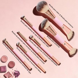 Brochas de Maquillaje, 7 Brochas Maquillaje Premium de Doble Punta (Plana/Acodada/Redonda Acodada/Cónica) para Pulir Líquidos, Cremas, Polvos, Difuminar y Contornear el Rostro(Oro Rosa)