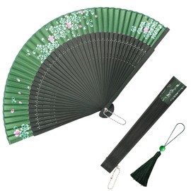 BXDOW Chinese Fan, Ancient Folding Fan, Hand Fans for Women Foldable, Ladies Holding Fan, Dark Green Cherry Blossom Fan for Dance, Wedding, Party, Thanksgiving Day