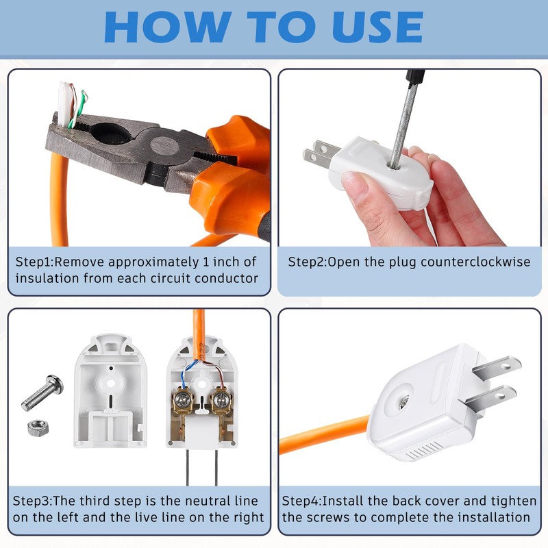 Flutesan 15 Pcs Extension Cord Replacement Plug 2 Prong 125V
