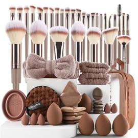 56 Piezas Set de Brochas de Maquillaje Profesional Completo, Juego de Brochas para Maquillar Ojos Mejillas y Rostro | Ideal para Regalo, Uso Diario y Maquillistas Expertas (Marrón 56 PCS)