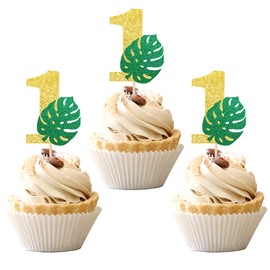 24 piezas de decoración para cupcakes de 1er cumpleaños con purpurina número 1 de hoja de palma, palillos para cupcakes, Wild One Baby Shower para niños, 1er cumpleaños fiesta decoración de pasteles suministros