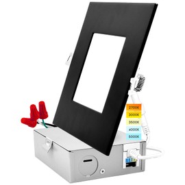 Luxrite 6 Inch Ultra Thin Square LED Recessed Lighting, 5 Color Options 2700K - 5000K, Dimmable LED Downlight, 12W, IC & Wet Rated, 1000 Lumens, Canless LED Recessed Light, Black Trim, ETL Listed