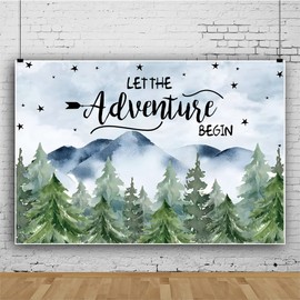 Yeele 7x5ft Let The Adventure Begin Baby Shower Backdrop Watercolor Green Mountain Forest Woodland Photography Background Newborn Celebration Decor Banner Photo Booth Props