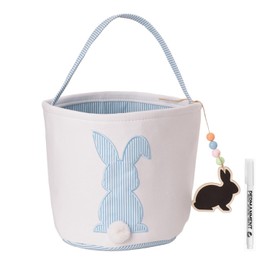 Easter Bunny Basket with Chalkboard Name Tag and Marker, Easter Bucket for Egg Hunts, Candy, Treats, Toys, Gifts, and Spring Party Favors (Blue, Striped)