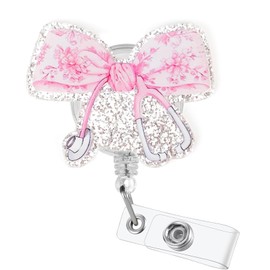 Cute Pink Floral Bow Stethoscope Retractable Badge Reel with Acrylic Alligator Accessories ID Clip for Nurse Nursing RN Doctor Teacher Medical Worker