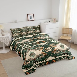 Feelyou Green Southwestern Bedding Set Twin Size Geometric Comforter Set Tribal Native American Indian Design Vinatge Vinatge Comforter Decor Exotic Style Stripe Line Duvet Set