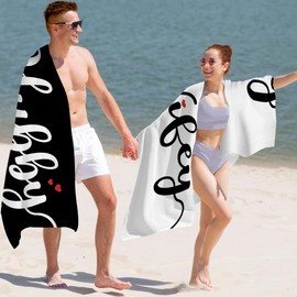 WAITPI Couple Wifey Hubby Beach Towel Set of 2, Honeymoon Wedding Beach Towels Gifts for Bride Groom Valentines Him Her, Black and White Towels Oversized Decor for Bathroom 30x60in