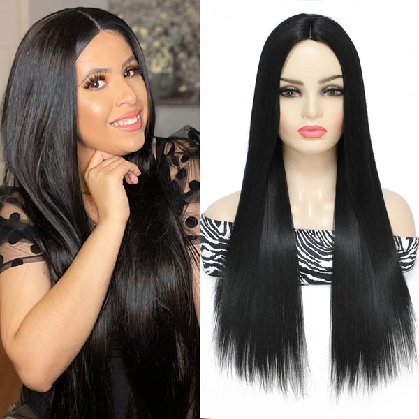 SHINYSHOW 24 inch Black Wig Synthetic Black Wigs for Women's Halloween Costume Cosplay Long Black Wigs Middle Part Straight Black Wigs