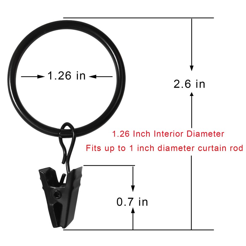 WeeksEight 40 Pack Black Curtain Rings with Clips, Curtain Hooks