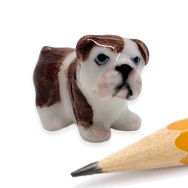 ChangThai Design Tiny ¾ Inch Brown White Standing Bulldog Bull Dog Figurine - Miniature Hand Made Painted Ceramic Dogs Puppy Canine Animals Cute Porcelain Decorative Collectible Figures Décor Gifts