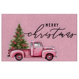 Supwhd Pink Christmas Door Mat, Merry Christmas Tree Pickup Truck Door Mat, Christmas Outdoor Mat for Front Door Porch, Christmas Bath Mat, Christmas Front Door Mat, Christmas Welcome Mat, 17x30 Inch