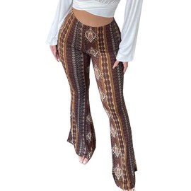 YUZIBAO Women's Flare Yoga Leggings High Waisted Boho Palazzo Wide Leg Pants Bell Bottoms(Brown,S)