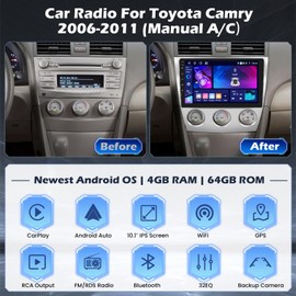 [4+64G] Hikity Android 15 Car Stereo for Toyota Camry 2006-2011 with Wireless Carplay Android Auto, 10'' IPS Touch Screen Radio Bluetooth Mirror Link GPS WiFi SWC AI DSP/FM/RDS/32EQ Backup Cam+Mic