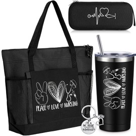 Abbylike 4 Pcs Nurse Gift for Women Nursing Appreciation Gift Set Include Zippered Nurse Tote Bag Wine Tumbler Keychain (Black)