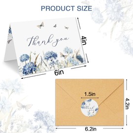CYGGUN 50 Pack Funeral Thank You Cards with Envelopes, 4×6 In Watercolor Blue Flower Bereavement Card for Funeral Family Friends Loved Ones Celebration of Life